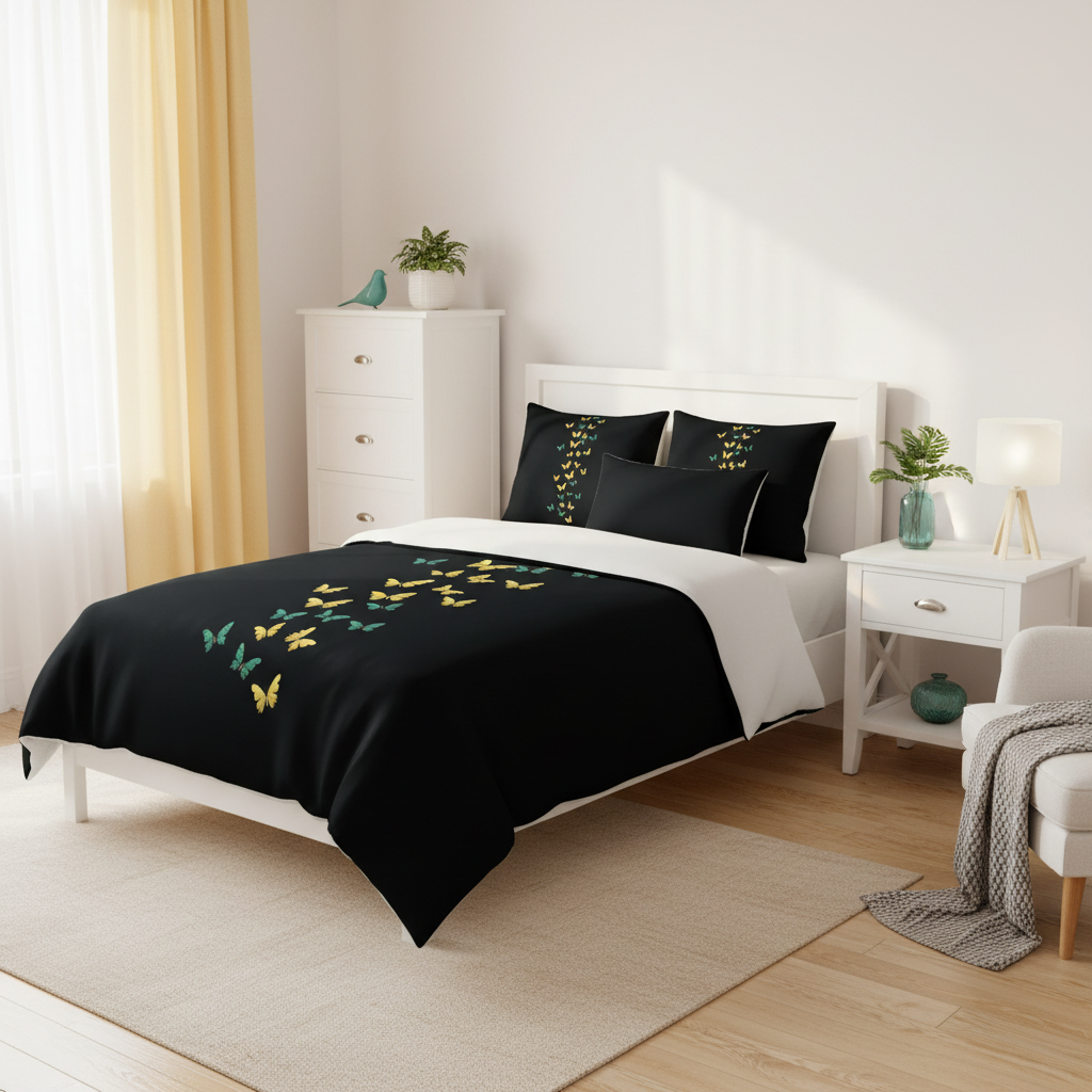 Cozy coastal bedroom with twin bed, butterfly print bedding and yellow curtains