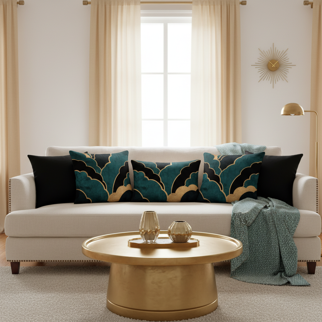 Cozy coastal luxury living room with geometric teal black gold pillows, gold curtains and brass accents