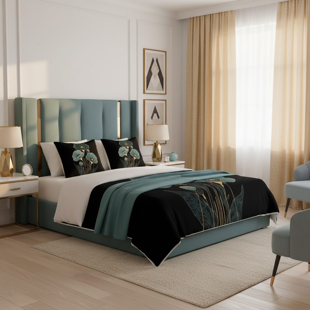 Cozy warm bedroom with black teal gold floral comforter and pillows with golden hour lighting