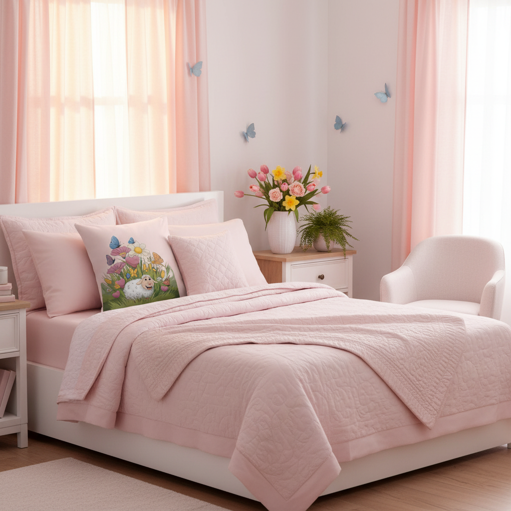 Cozy warm bedroom with light pink sheep pillow on bed in pink pastel interior with spring flowers and butterfly decorations