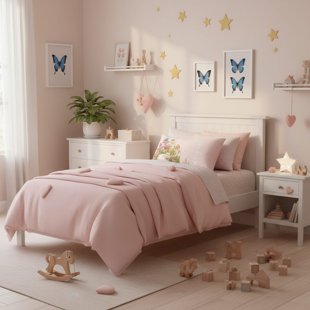 Cozy warm children's bedroom with rectangular cute sheep spring pillow on bed with pink bedding, yellow stars, green plants and blue butterfly decor