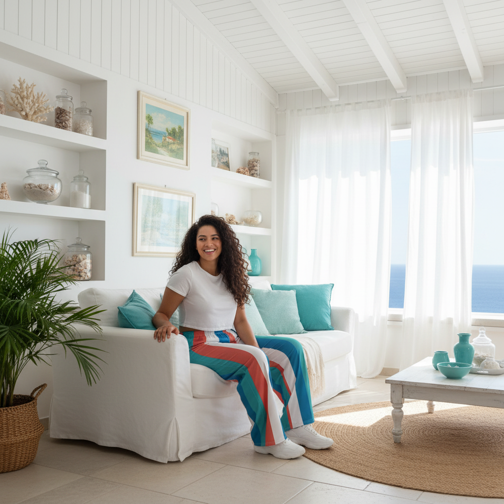 Curvy woman in striped wide leg pants with white crop top