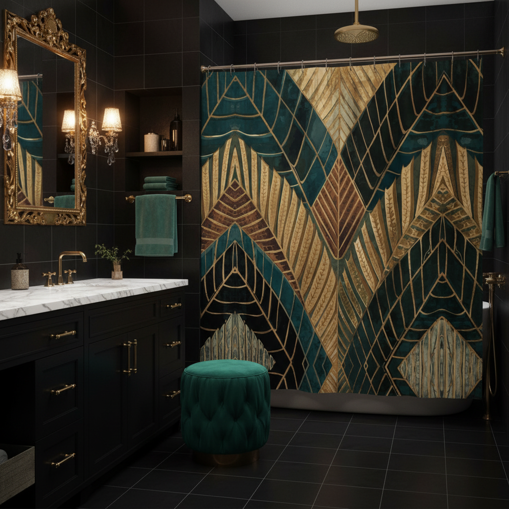 Dark glamorous bathroom with black tiles and emerald shower curtain