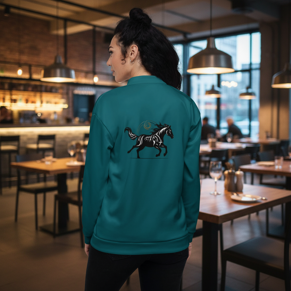Dark green Wild Horse bomber jacket in trendy restaurant - Premium unisex outerwear with running horse design