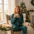 Dark Green Snowflakes Pajama Top - Woman Wearing Christmas Sleepwear