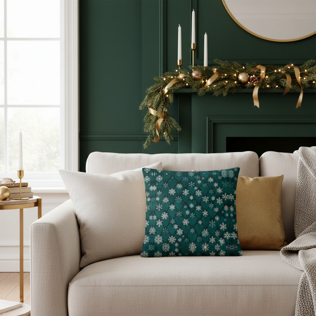 Dark Green Snowflakes Pillow - Dark Green Wall