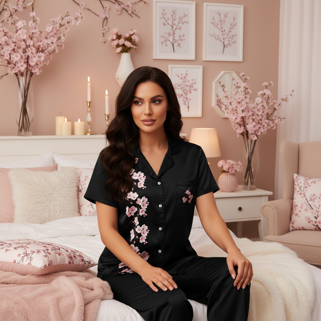 Dark-haired woman in black cherry blossom pajama top sitting in warm bedroom with pink accents