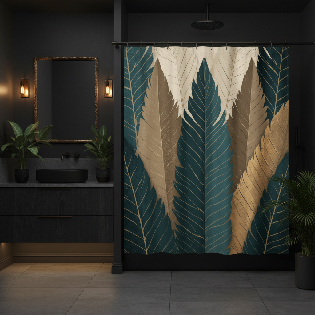 Dark moody bathroom featuring botanical shower curtain with black walls and brass accents