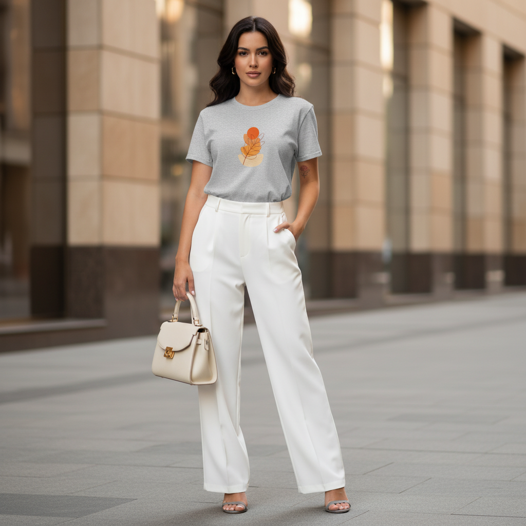 Different empowered dark hair woman ash grey autumn leaf t-shirt white wide-leg trousers grey sandals cream handbag elegant