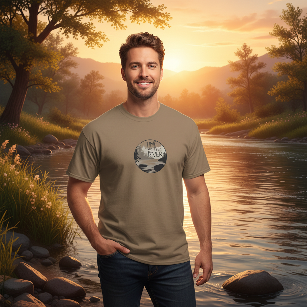Different handsome man in brown savanna Time by the River t-shirt by scenic river at sunset