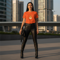 Different sophisticated dark black hair woman orange autumn leaf t-shirt black leather pants black boots black bag edgy