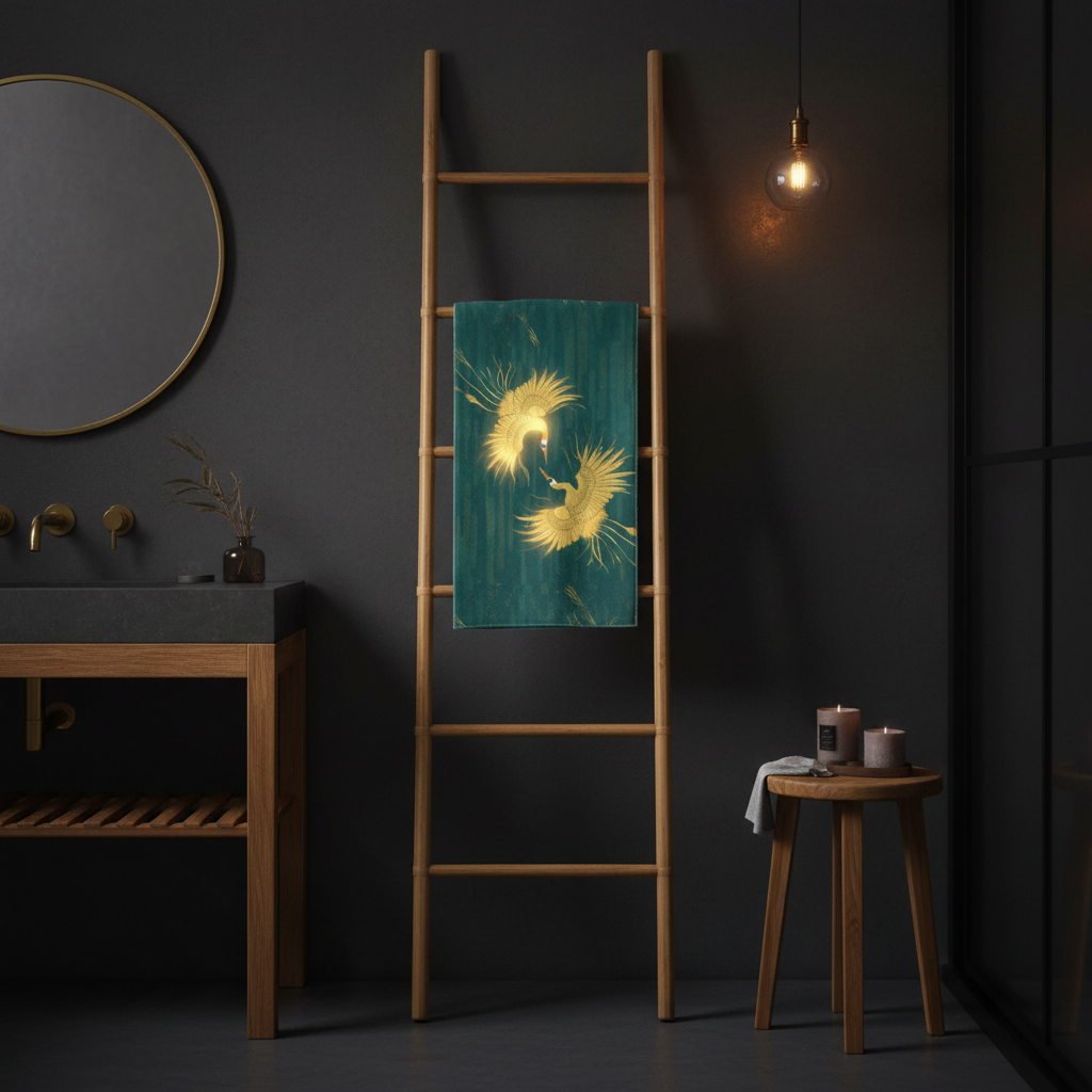 Dramatic dark bathroom with teal gold crane beach towel hanging on bamboo ladder rack