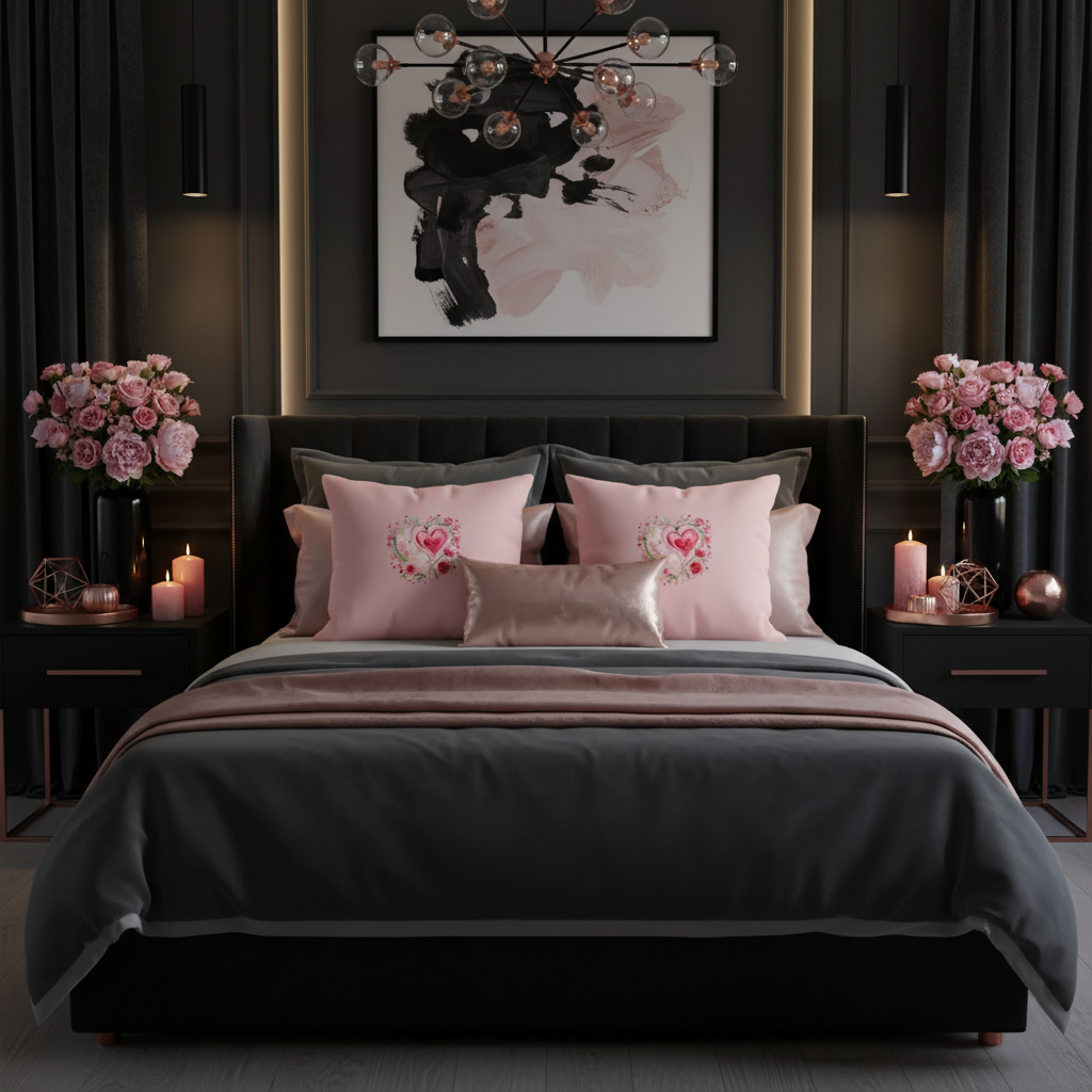 Dramatic dark bedroom with charcoal walls, pink heart floral pillows on black bedding, pink roses in black vases, moody romantic atmosphere
