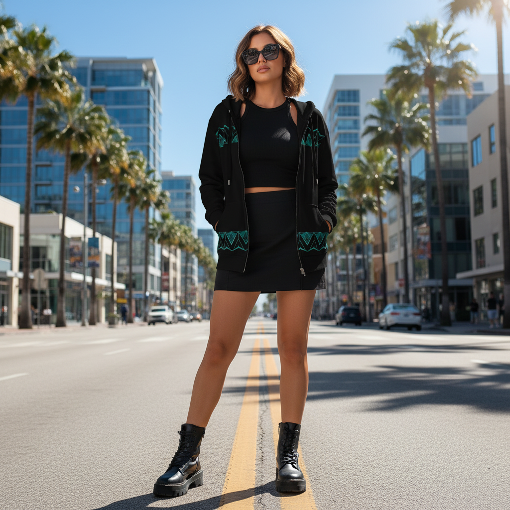 Edgy outfit with mini skirt and open hoodie