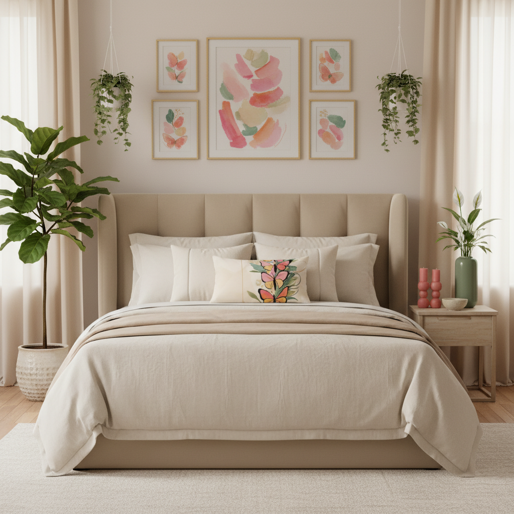 Elegant bedroom featuring butterfly pillow with gallery wall in pink yellow and green watercolor tones