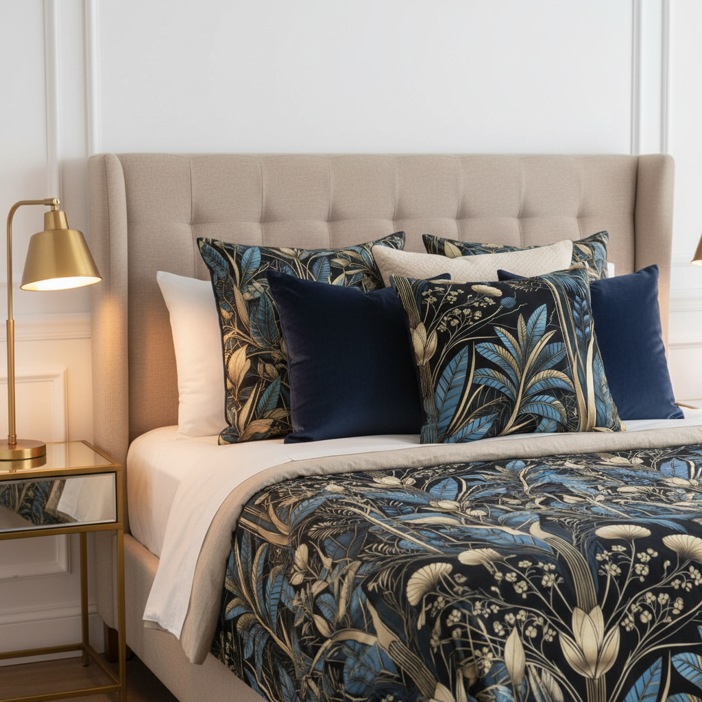 Elegant bedroom with Art Deco botanical pillows layered styling
