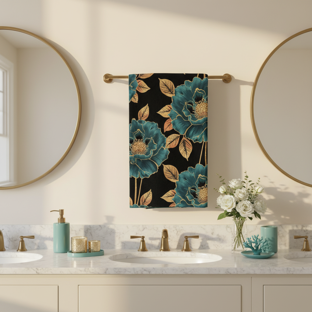 Elegant bright cozy bathroom with teal and gold floral towel on brass bar with mirror and candles