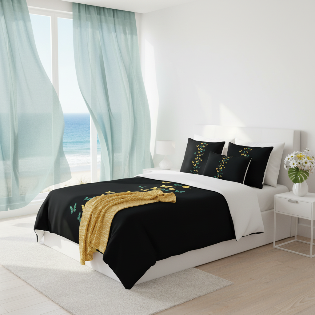 Elegant coastal bedroom with twin bed, butterfly print bedding and teal curtains