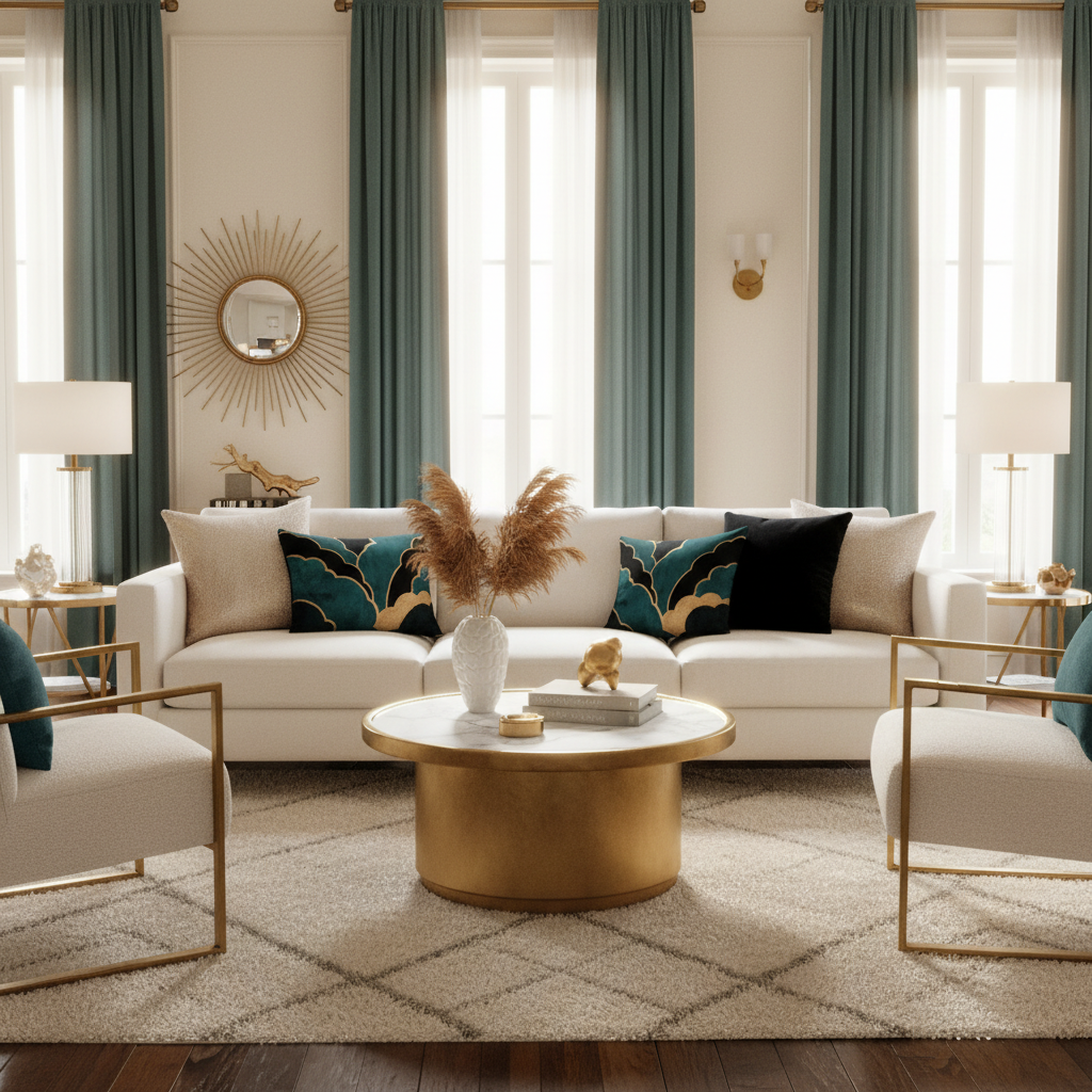 Elegant coastal luxury living room with scalloped pattern pillows, teal velvet curtains and golden hour lighting