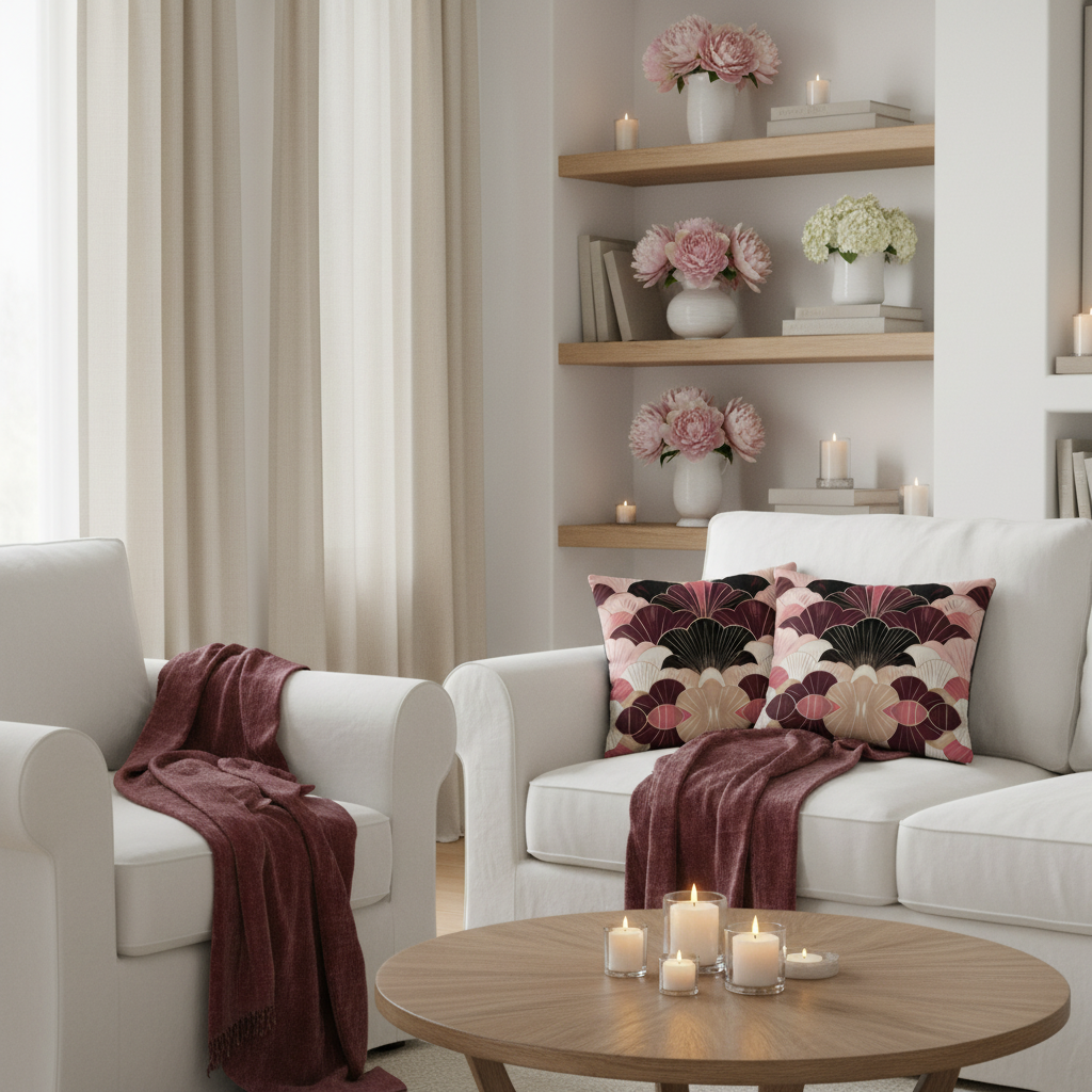 Elegant cozy warm living room with white armchair and sofa, burgundy beige pink art deco fan pattern pillows clearly visible, beige curtains, burgundy throws, pink flowers