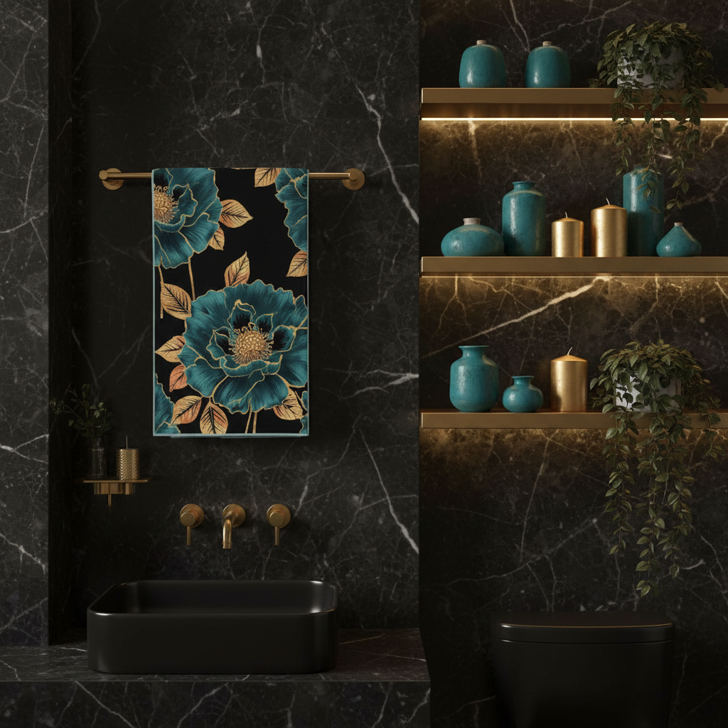 Elegant dark cozy bathroom with teal and gold floral towel hanging on brass rack with marble walls