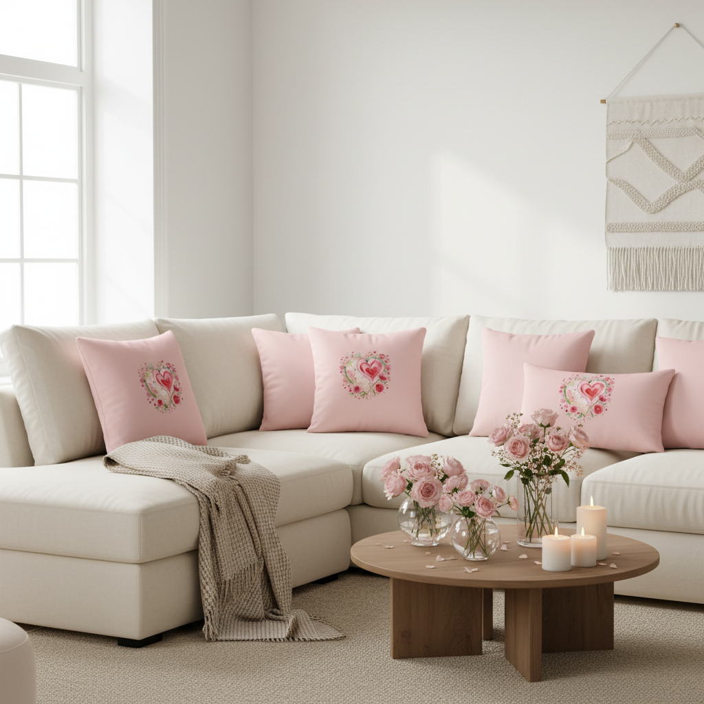 Elegant living room with cream beige sofa styled with pink heart floral pillows, fresh flowers and candles, romantic atmosphere