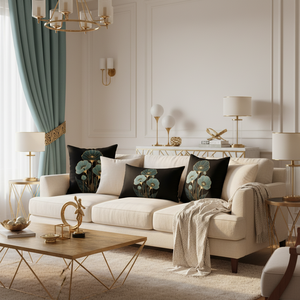 Elegant living room with cream sofa and black teal gold botanical pillows