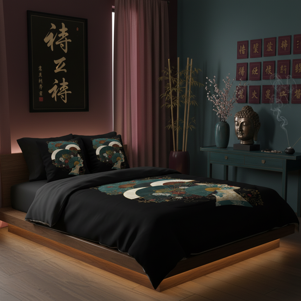 Elegant moody bedroom with burgundy walls and zen Buddhist decor
