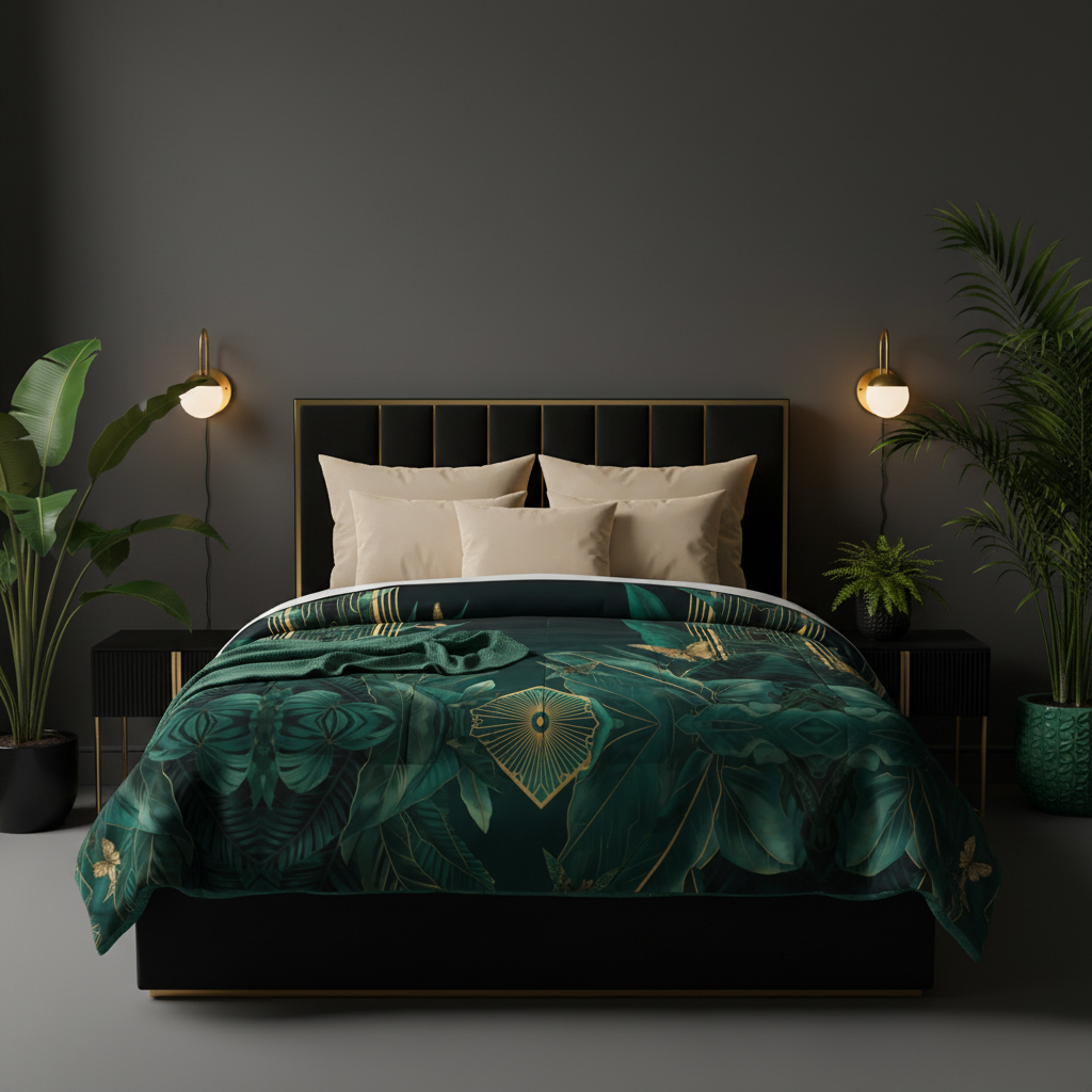 Elegant moody bedroom with Emerald Plants twin XL comforter