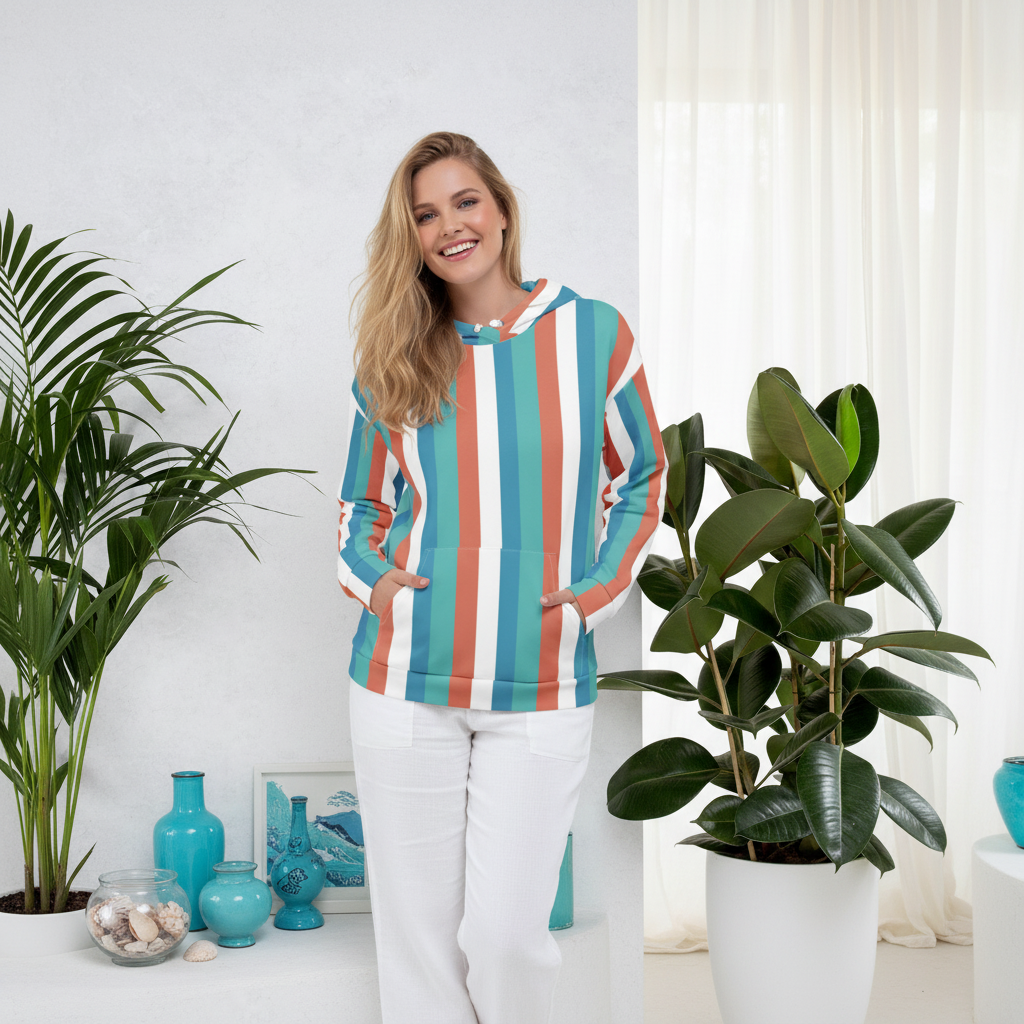 Elegant plus size blonde woman in vibrant striped hoodie with white pants in Italian coastal living space