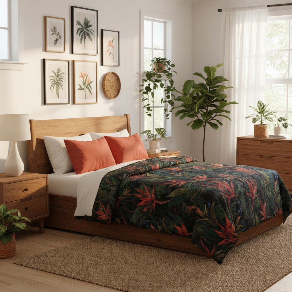 Elegant sunny bedroom with tropical comforter, king bed with rich wood headboard, white walls with gallery wall of framed tropical and botanical art, coral red cushions, abundant green plants, designer lamp, luxurious earth tones, sophisticated expensive styling