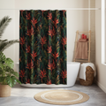 Elegant sunny tropical bathroom with shower curtain with coral red flowers and green palm leaves, white bathtub, natural wood furniture, woven baskets, lush green plants, coral red candles and towels, jute rug, bright daylight
