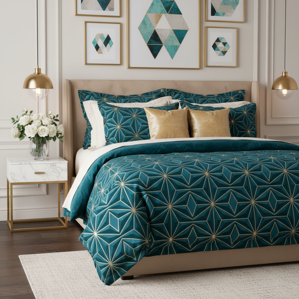 Elegant teal bedroom with geometric pillows and matching teal and gold framed artwork