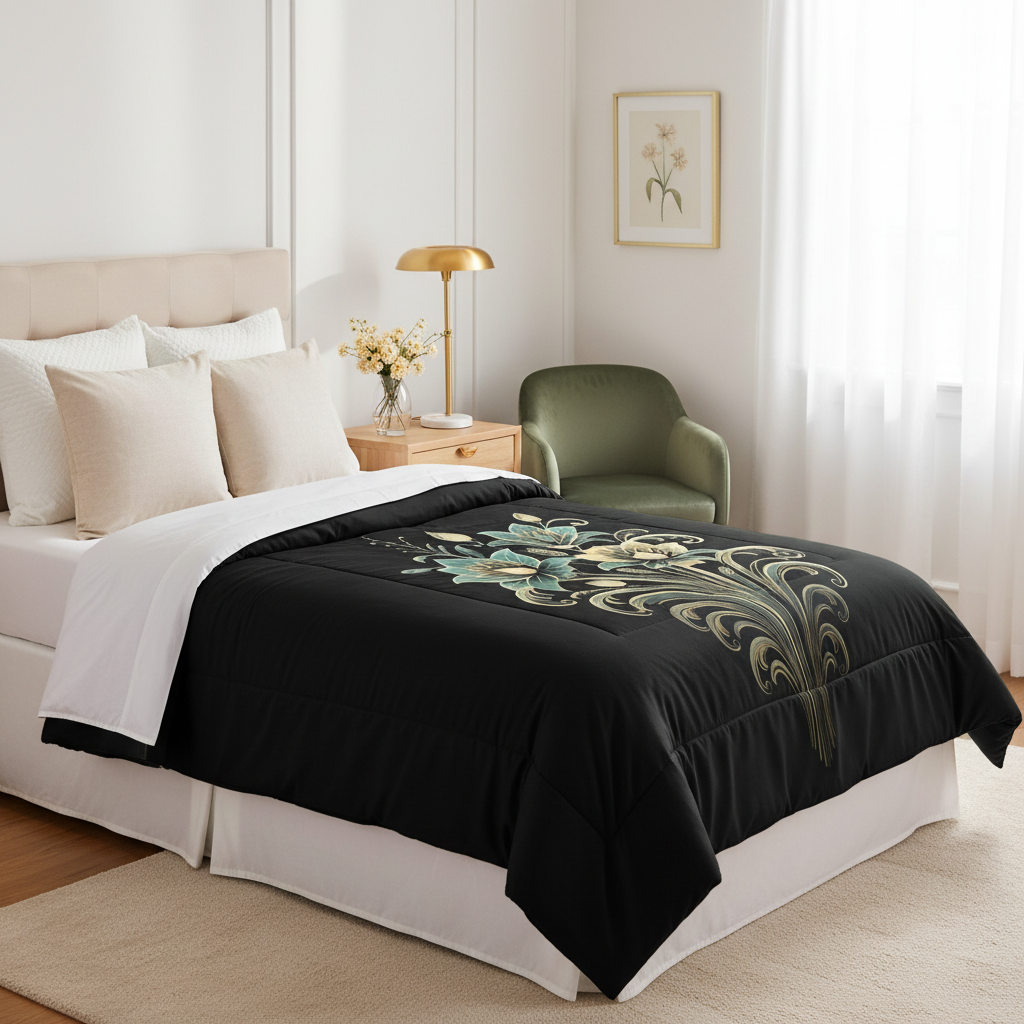 Elegant twin bedroom with sage gold floral comforter white pillows natural wood nightstand cozy