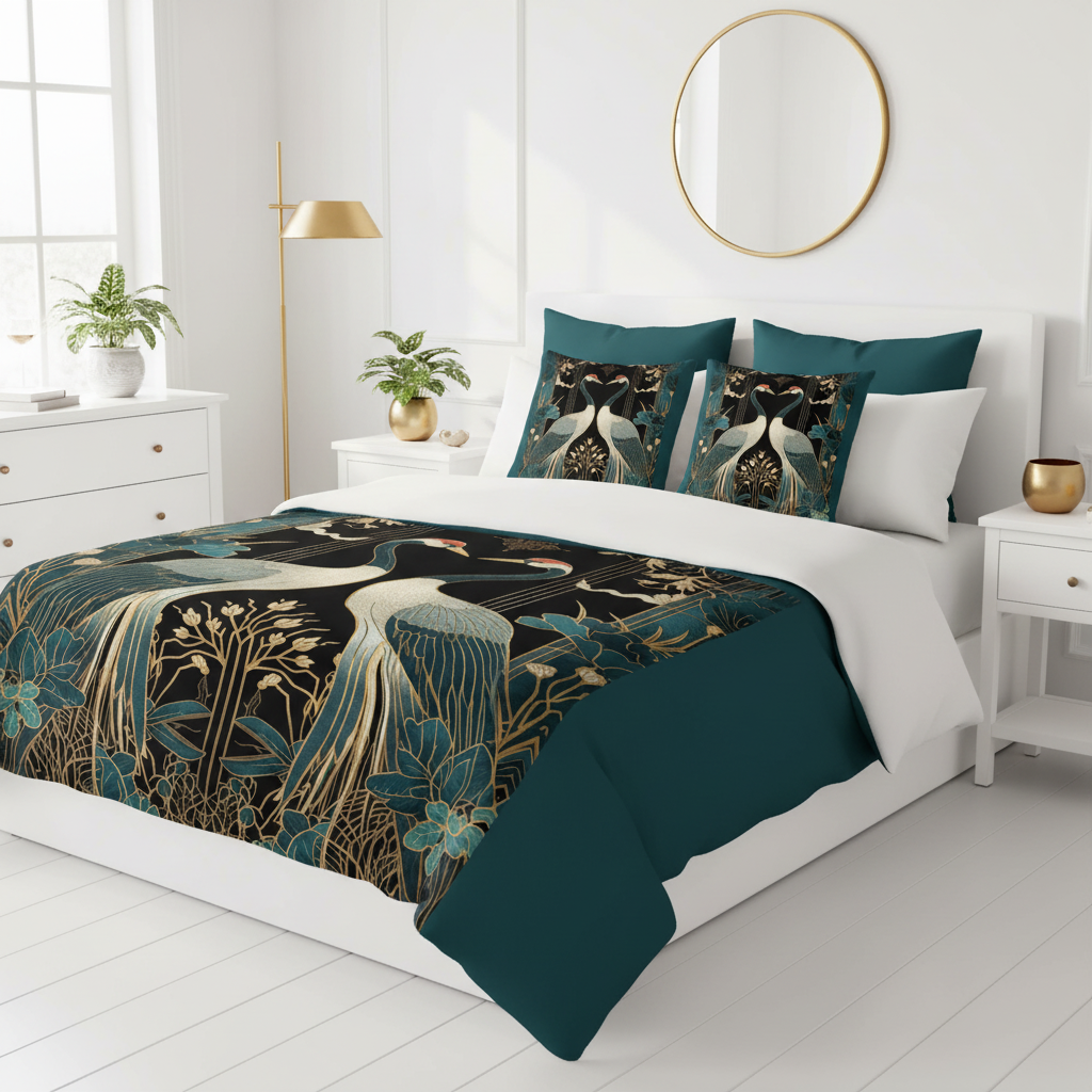 Elegant white bedroom with crane birds bedding