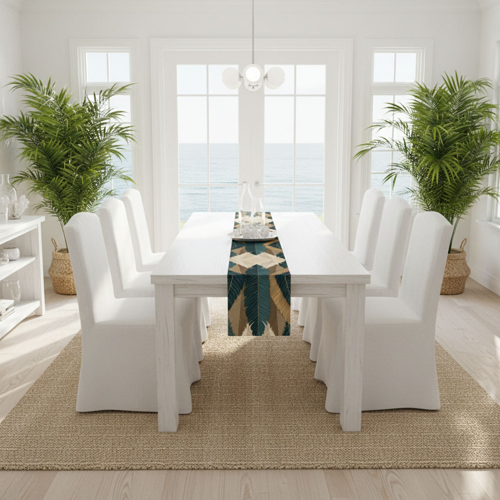 Elegant white coastal dining room with full botanical table runner