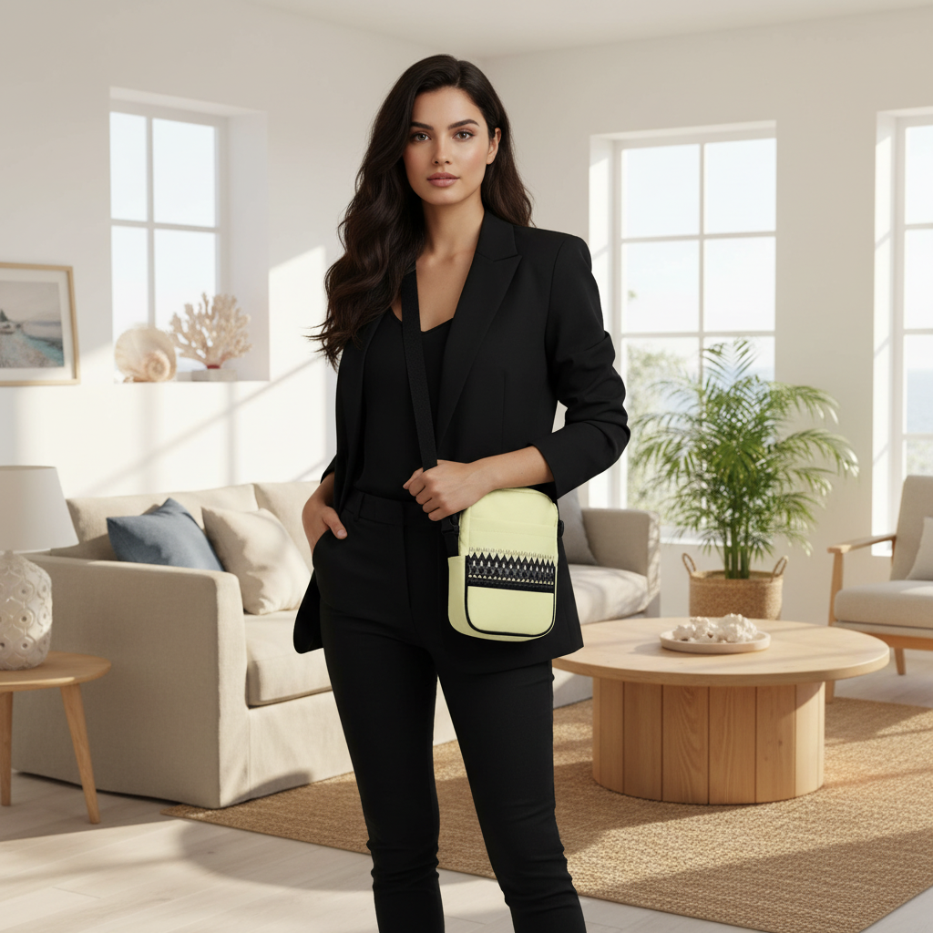 Elegant woman in black blazer with yellow black crossbody bag