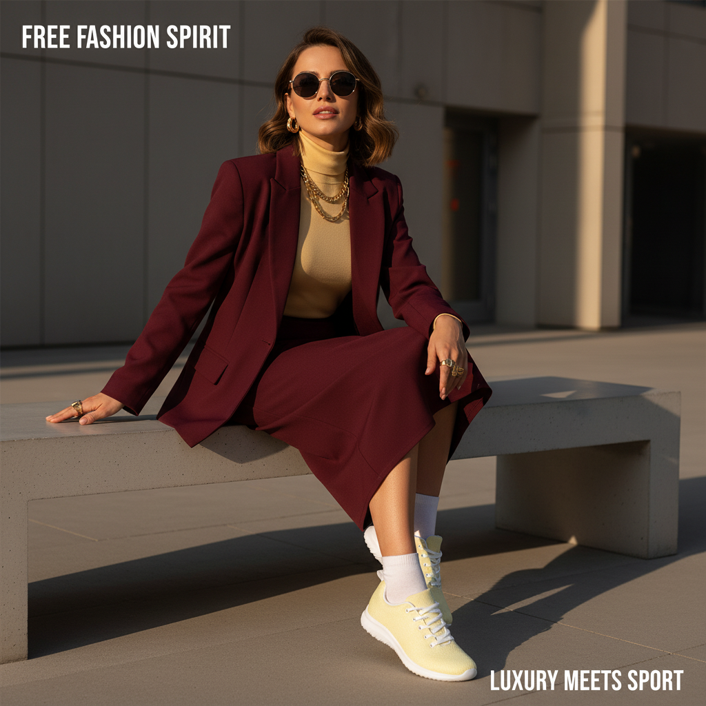 Elegant woman in burgundy midi skirt soft yellow turtleneck and blazer with yellow shoes