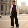 Elegant woman in maroon Black Panther t-shirt styled with blazer in modern chic outfit