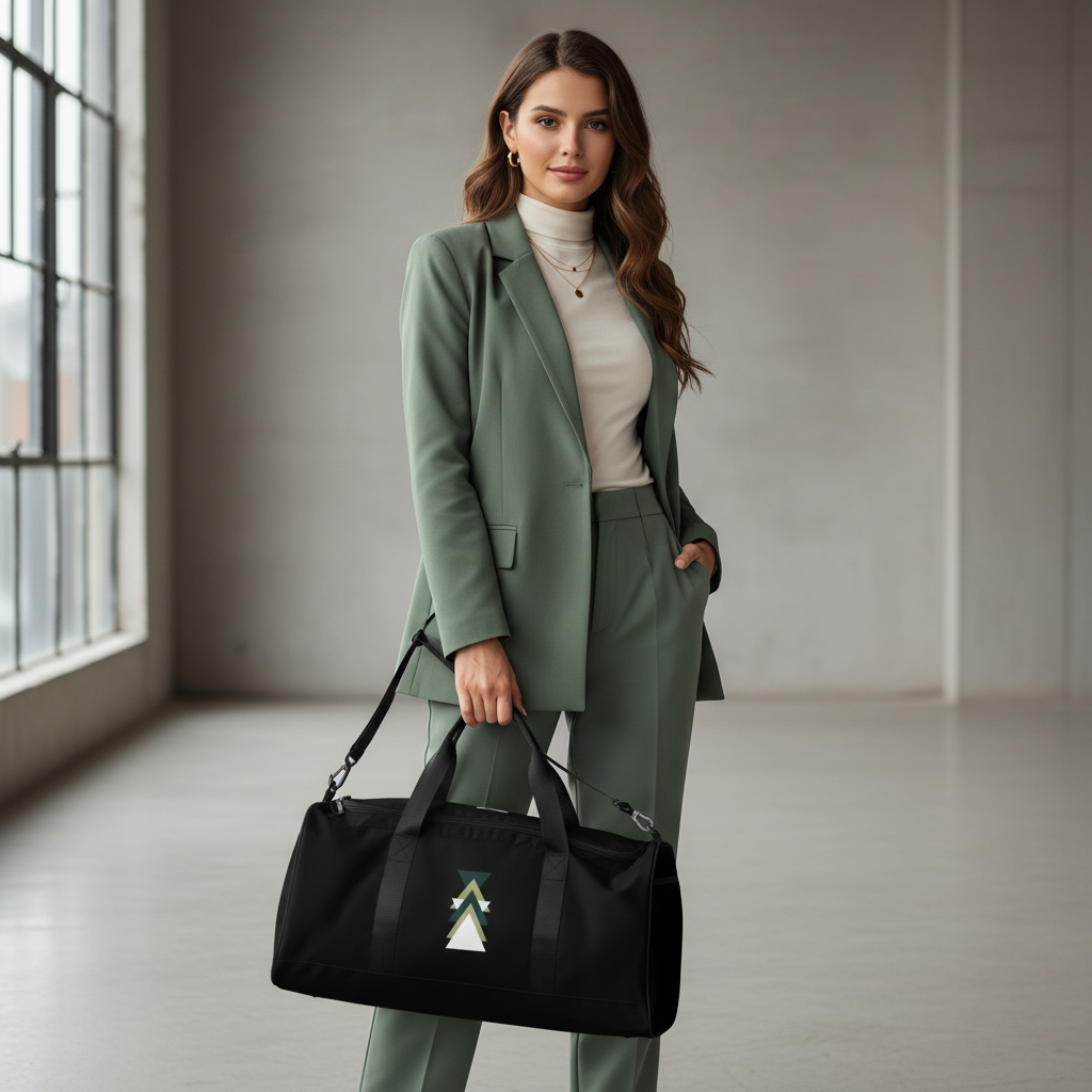 Elegant woman in sage green and cream outfit with geometric triangle duffle bag