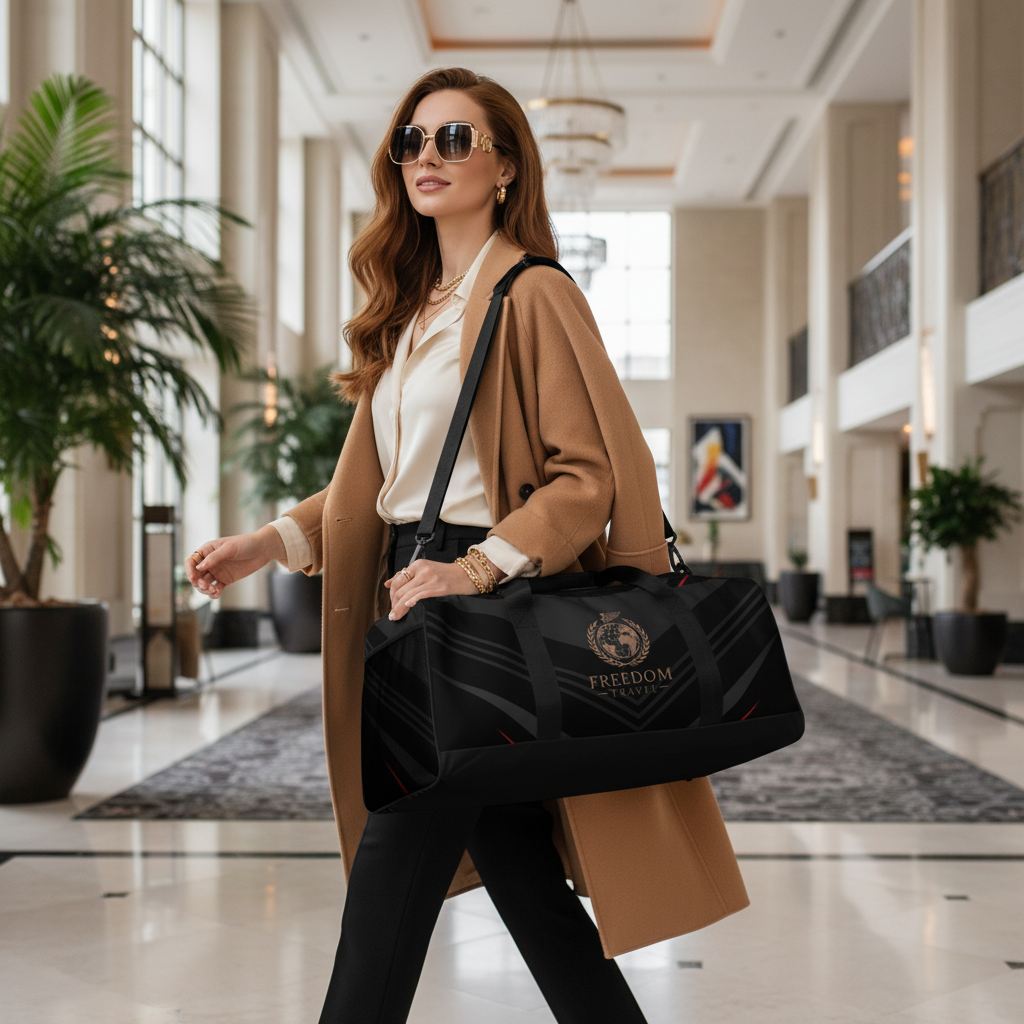 Elegant woman traveler in black and gold outfit at luxury airport with Freedom Travel duffle bag