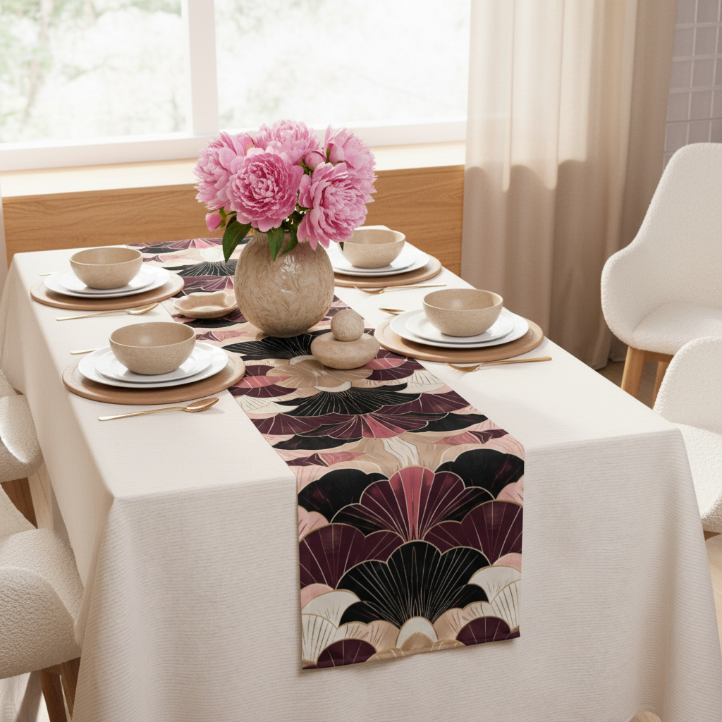 Elegantly styled table with geometric runner and beige decor