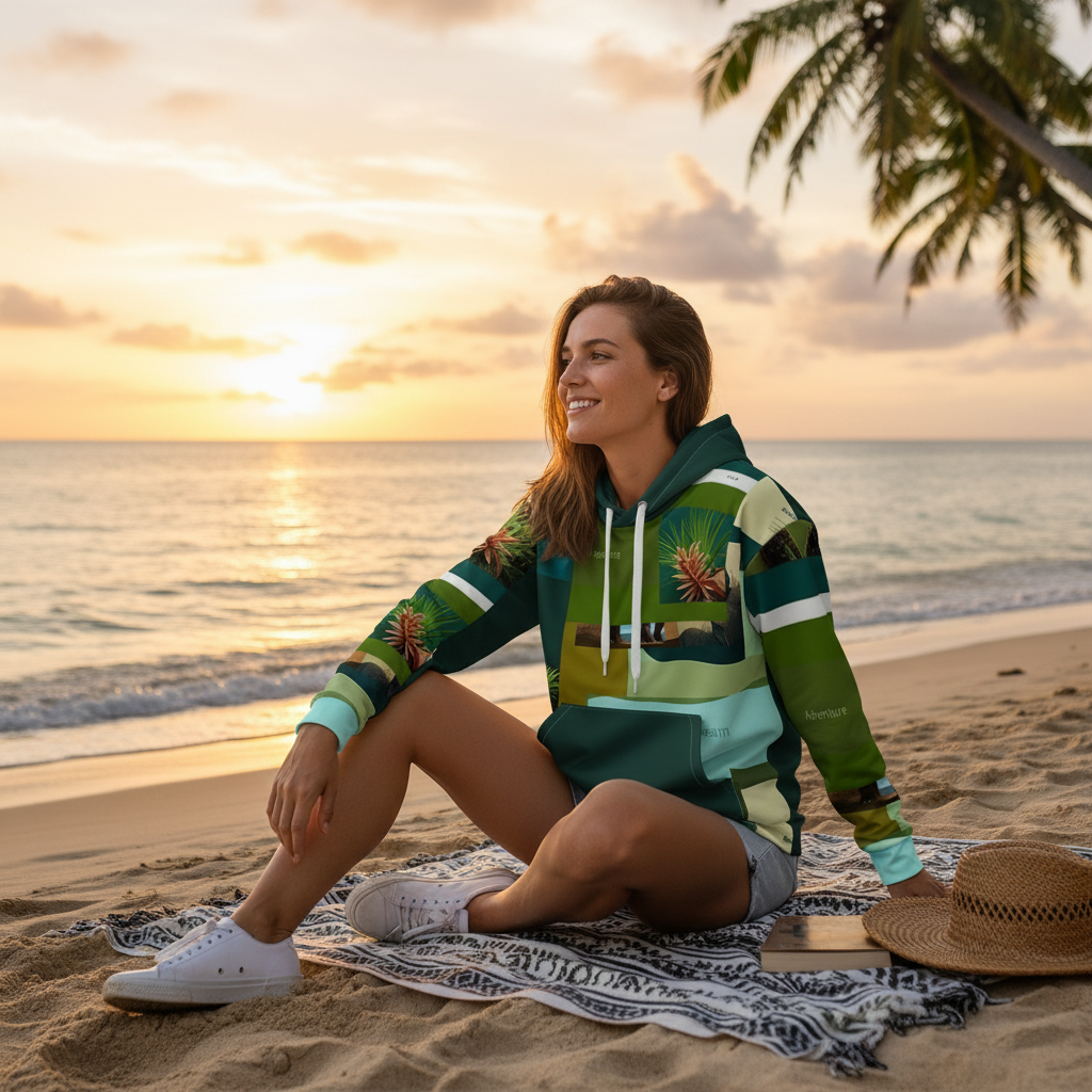 Free-spirited traveler in vibrant tropical hoodie enjoying sunset on beach - eco-friendly print on demand clothing