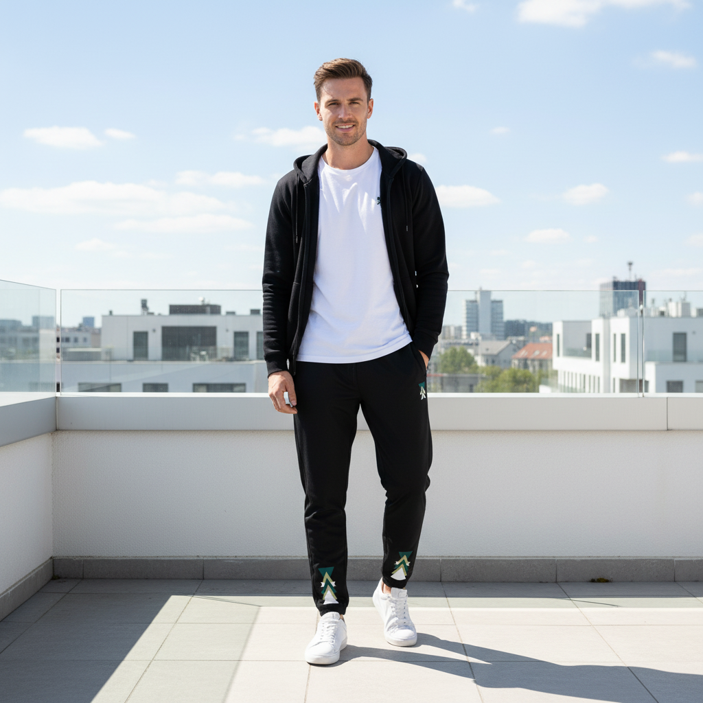 European man in black track pants with teal triangle detail, white tee and open hoodie on modern urban terrace