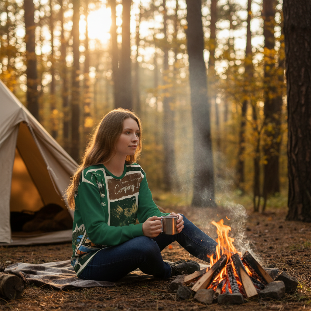 European woman camping in nature wearing green camping sweatshirt
