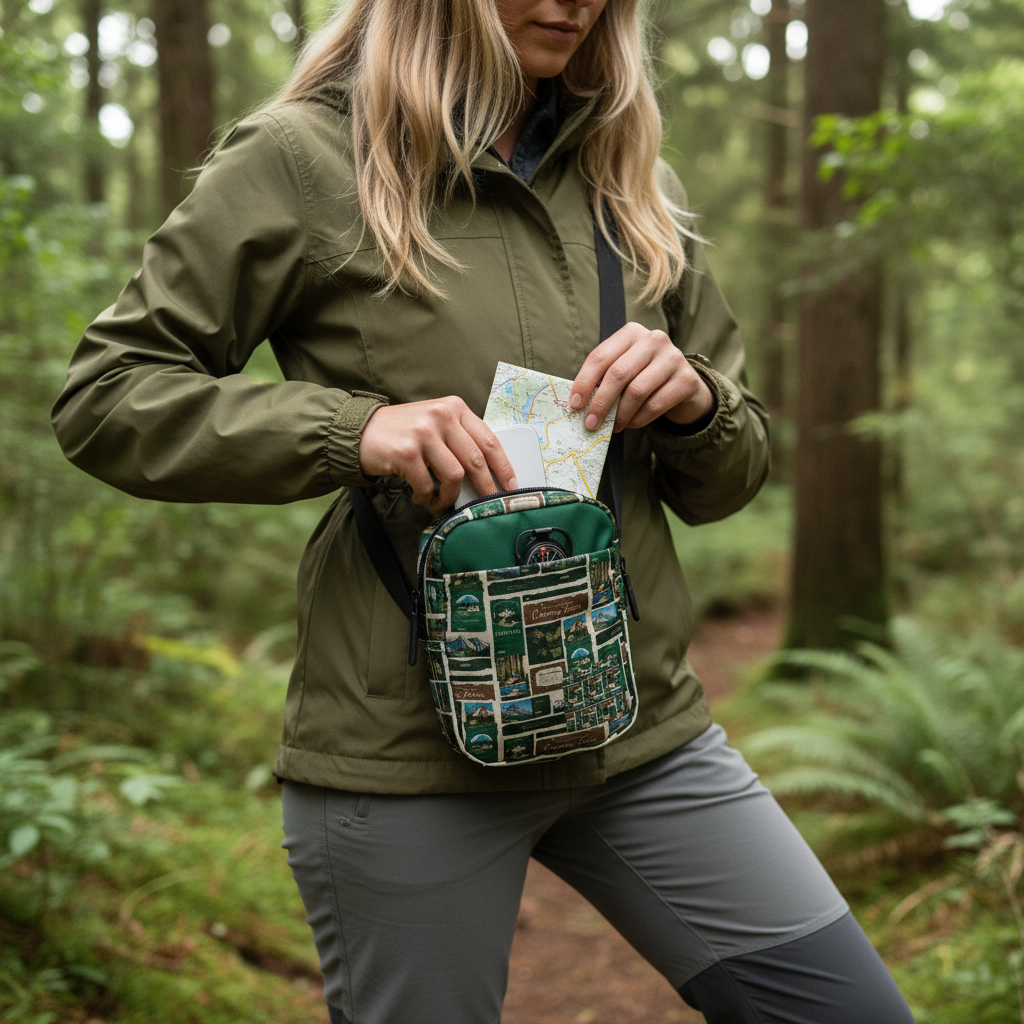 European woman exploring nature with bag