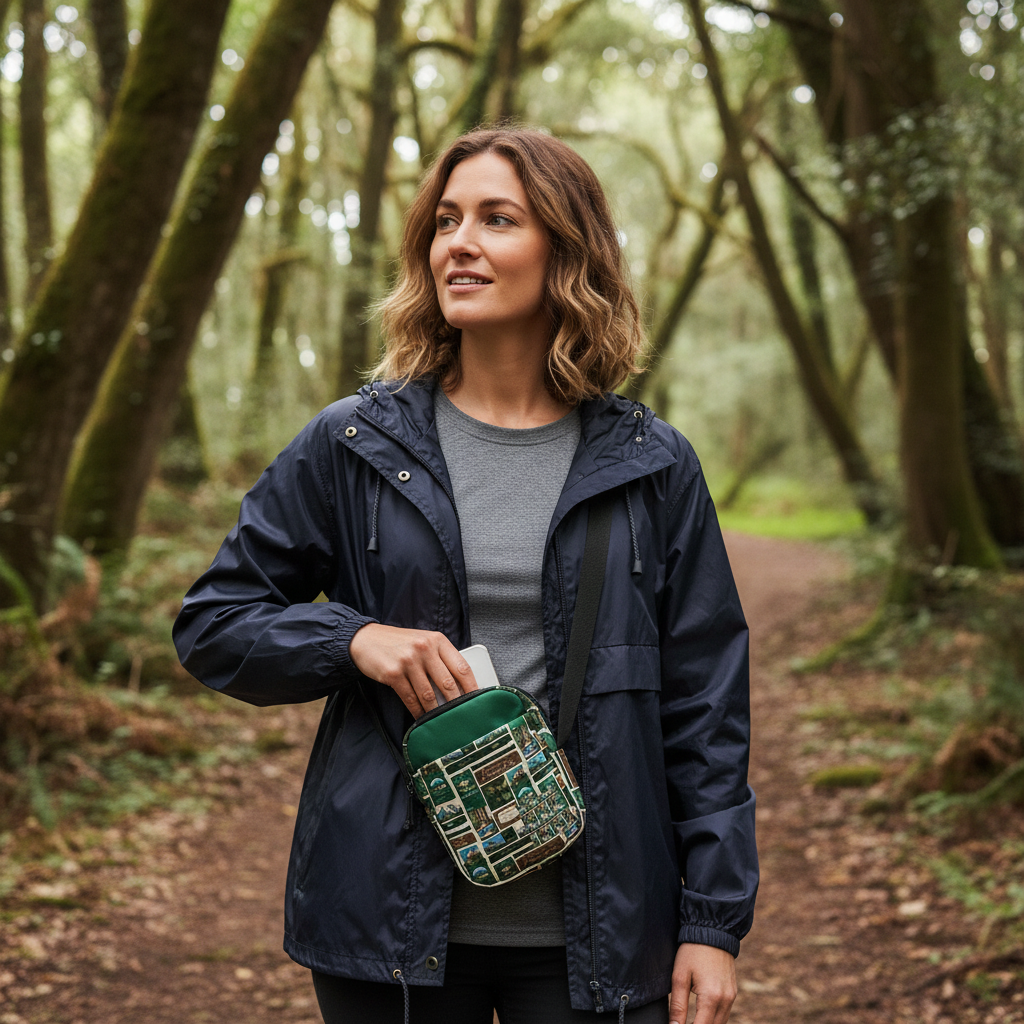 European woman hiking with crossbody bag