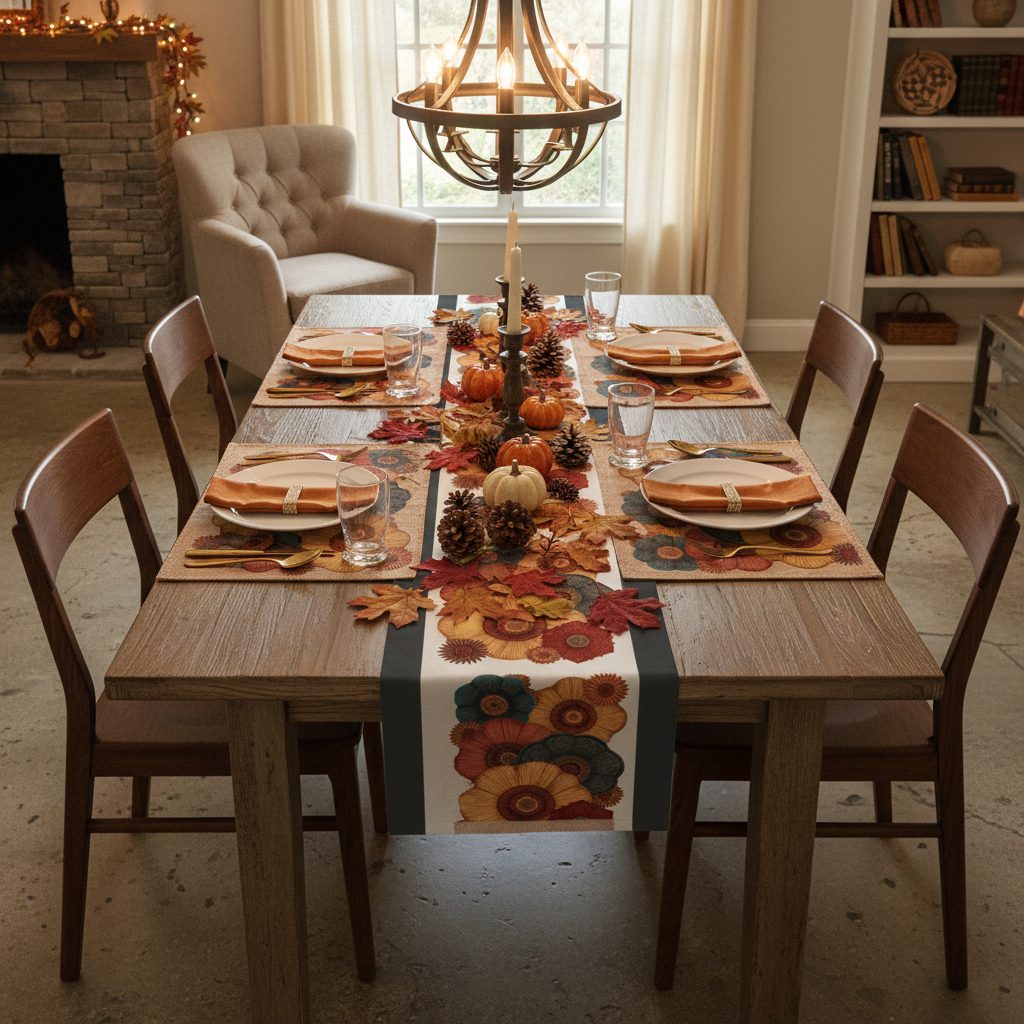 Fall harvest table with leaves and pinecones