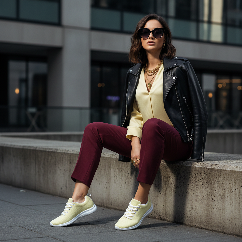 Fashion woman in burgundy trousers yellow silk blouse leather jacket with yellow shoes