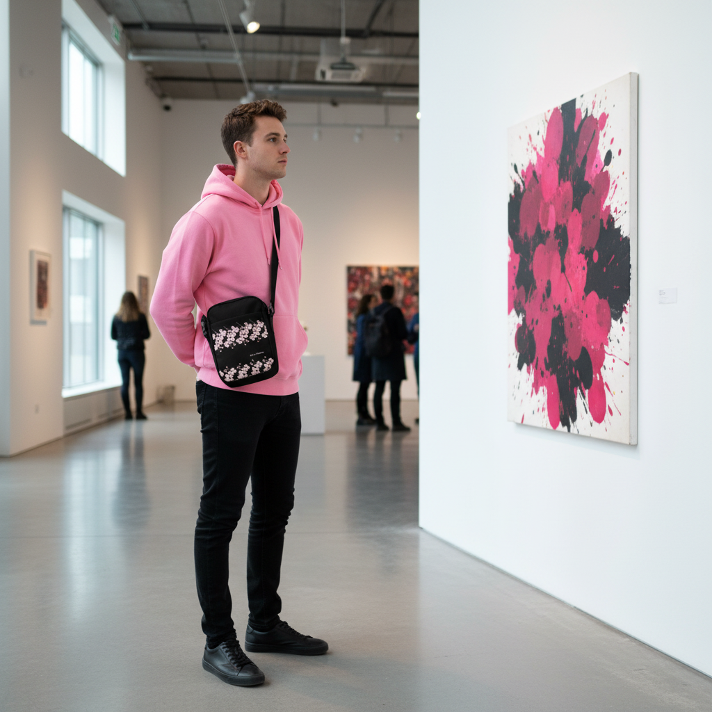 Fashionable man in pink hoodie with cherry blossom bag at art gallery